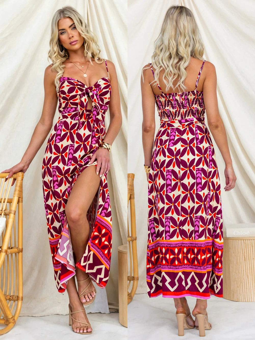ZARA Bohemian Spaghetti Strap Maxi Dress with Heart Tie Neckline and Slit
